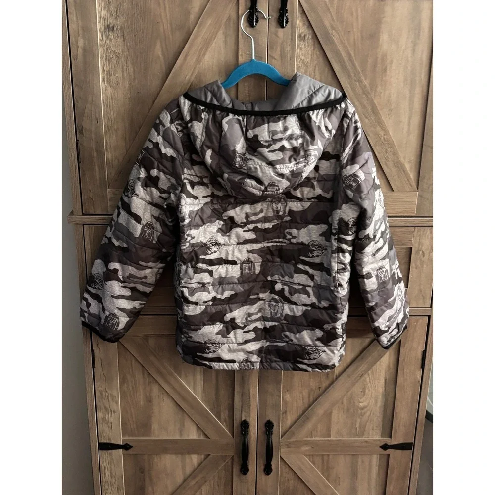 Gap Kids Star Wars Camo Puffer Jacket Grey Yoda R2-D2 Hooded Coat Small S